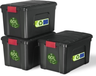 Iris Ohyama, große Kunststoff-Aufbewahrungsbox, 60 l Garagen-Aufbewahrungsbox, 3er-Set, SIA-60, schwarz, stapelbar, Verschlussklammern ? B59 x T39,5 x H35,5 cm