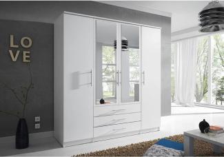 Schwebetürenschrank Szantal 4D mit Spiegel, Kleiderschrank mit DREI Schubladen, Kleiderstange und Einlegeböden, Schlafzimmerschrank, Schiebetüren, Modern Design (Weiß/Weiß)