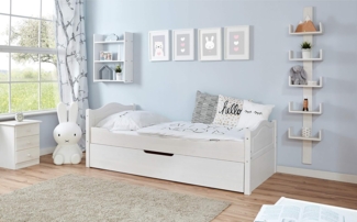 Ticaa Einzelbett 'Leni' 100x200 Kiefer massiv - mit Zusatzbett - weiß