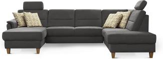 CAVADORE Wohnlandschaft Palera / U-Form Federkern-Sofa mit Schlaffunktion, Stauraum und 2 Kopfstützen / 314 x 89 x 212 / Mikrofaser, Grau