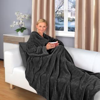 Wohndecke flauschige, tragbare Kuscheldecke mit Ärmeln ohne Fußtasche, Gräfenstayn, warme Ärmeldecke - TV Decke zum Anziehen - 200x150 cm schwarz