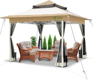 VOUNOT Pavillon Faltbar 3,6x3,6m, Pop Up Partyzelt mit Mesh Sides & Doppeldach, Faltpavillon Stabil mit Bein Gewichte & Roller Bag, Gartenpavillon Gartenzelt Beige