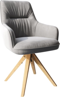 Esszimmerstuhl Zelia-Flex mit Armlehnen Samt Grau Holzgestell kantig Natur Taschenfederkern