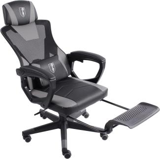 Gaming Stuhl im modernen Racing-Design mit einklappbarer Fußstütze - Gaming Chair mit flexiblen Armlehnen - ergonomischer Gaming Schreibtischstuhl mit extra Stützkissen Schwarz/Grau