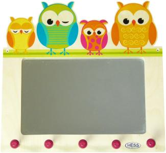 Hess Holzspielzeug 30502 - Garderobe aus Holz, Motiv Eulen, mit Wandspiegel und Haken, für Kinder, ca. 37 x 35 x 8 cm, handgefertigt, als Blickfang in jedem Kinderzimmer und Flur