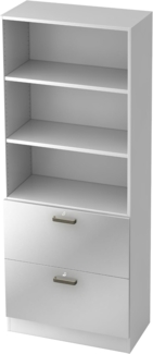 bümö office Aktenschrank mit Hängeregister-Schubladen abschließbar, Büroschrank Holz, 80cm breit in Weiß/Silber - Hängeregistratur für Hängeordner, Büro Schrank mit Relinggriffen, 7300-W-S-SG