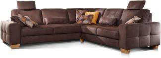 Cavadore Ecksofa Puccino mit Federkern, Bettfunktion, verstellbarer Rückenlehne und 2 Kopfstützen / Sofa gleichschenklig in L-Form im Landhaus-Design / 276 x 86 x 271 cm / Mikrofaser braun
