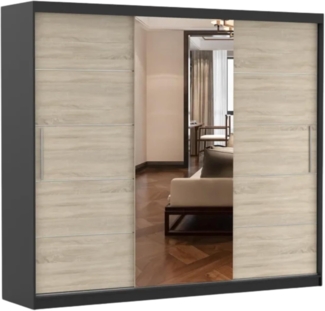 Schwebetürenschrank Alba 250 cm, Schiebetürenschrank mit Spiegel, Kleiderschrank mit Kleiderstange und Einlegeboden, Schlafzimmerschrank, Schiebetüren, Modern Design (Schwarz/Sonoma)
