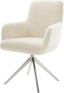 Drehstuhl Heira-Flex mit Armlehnen Teddystoff Beige Kreuzgestell breit Edelstahl 360° drehbar Wippfunktion Taschenfederkern