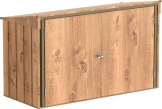 Duramax Mülltonnenbox für 3, Unterstand für 3 Mülltonnen mit Öffnung von oben und abschließbaren Doppeltüren, Lagerunterstand aus Metall, Verstecke für rollende Mülltonnen, Holzmaserung