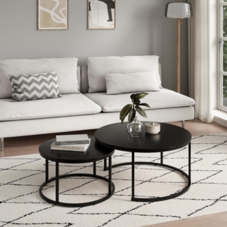 Home Collective Couchtisch 2er Set aus Holz, Wohnzimmertisch Modern (Büro Beistelltisch Loft Design TWIN, kratzfeste Oberfläche, Set 2 in 1), Schwarz, Rund Beistelltisch Set 2 in 1, Metallgestell für Wohnzimmer