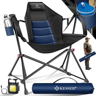 KESSER® Campingstuhl faltbar Schaukelstuhl bis 160 kg | Angelstuhl Faltstuhl Klappstuhl Gepolstert | Campinglicht und Getränkehalter + Tasche mit hoher Rückenlehne | Strandstuhl mit Wippfunktion Navyblau / Schwarz