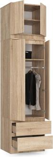 BDW Kleiderschrank mit Aufsatz, 4-türiger Kleiderschrank, 2 Schubladen, für das Schlafzimmer, Wohnzimmer, Flur, 234 x 60 x 51 cm (Eiche Sonoma), One size