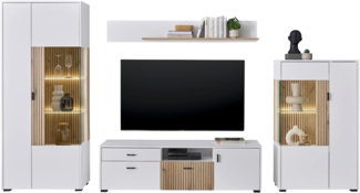 Wohnwand Merced in weiß matt und Eiche 4-teilig 320 x 180 cm