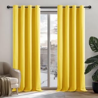 Deconovo Blickdicht Gardinen mit Ösen für Schlafzimmer Thermogardine Kälteschutz Vorhang Blickdicht, 138x168 cm(HöhexBreite), Senfgelb, 2er Set