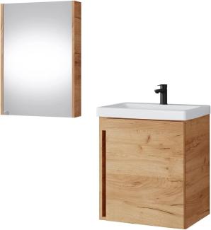 Waschtisch + Spiegelschrank Badmöbel Set 50cm für Badezimmer WC (Gold Eiche)