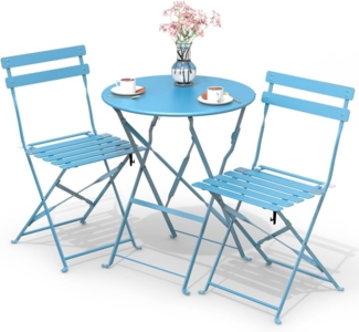VOUNOT Bistroset 3-teilig, Klappbar Bistrotisch mit 2 Stühlen, Gartenmöbel Set Balkonset Gartengarnitur, Sitzgruppe Metall, Bistro Set Outdoor, Blau