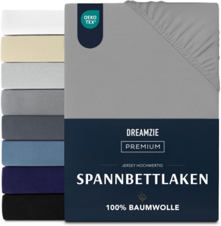 Dreamzie Premium Spannbettlaken 160x200 cm, Spannbetttuch für Dicke Matratzen bis zu 27 cm, Bettlaken 100% Jersey Baumwolle, 150 g/m², Oeko-TEX Zertifiziert - Grau