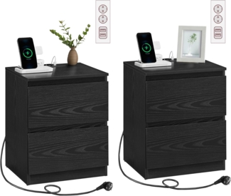 VASAGLE Nachttisch mit Steckdosenleiste, 2er Set, Beistelltisch, 2 Schubladen, 2 AC-Steckdosen, 1 USB-A-Anschlüsse, 1 USB-C-Anschluss, Wohnzimmer Schlafzimmer, modern, ebenholzschwarz LETDE821B02