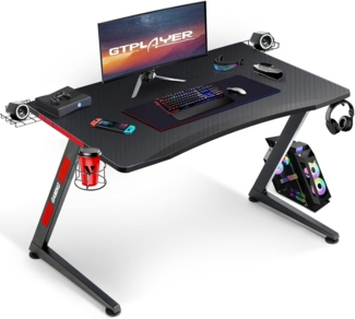 GTPLAYER Gaming Tisch108x60 cm，Gaming Schreibtisch，Computertisch，Schwarzer Tisch，Getränkehalter，Kopfhörer Hake，Z-Frame Gaming Schreibtisch mit Monitorständer