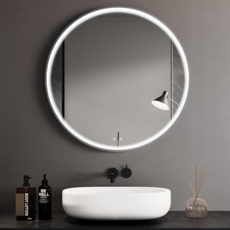 Clevich Badspiegel mit Beleuchtung Rund mit Superheller COB LED Lichtstreifen, Dicker Aluminiumrahmen, Anti-Beschlag, 3 Lichtfarben, Dimmbar, Runder Badezimmerspiegel mit Litch, Groß Wandspiegel 60 cm