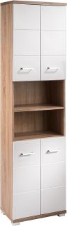 byLIVING Badezimmer-Hochschrank NEBRASKA / Badschrank Sonoma Eiche, Türen Hochglanz weiß lackiert / Badezimmerschrank 4 Türen mit offenen Elementen & viel Stauraum / B 50, H 192, T 31,5 cm