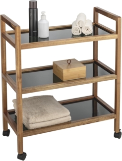 WENKO Rollregal Mod. Fondi aus massivem Akazienholz mit 3 Sicherheitsglasböden in Schwarz und 4 praktischen Rollen Maße 65 x 76,5 x 31 cm