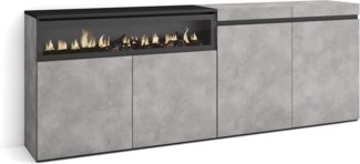 Skraut Home | Sideboard, Highboard | Kommode, Komodenschrank | 200 x 75 x 35 cm | 4 Türen | Elektrokamin. Maße | Moderner Stil | Zement