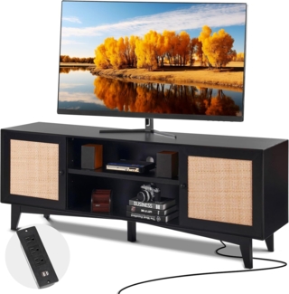 VEVOR Rattan-TV-Ständer für 191 cm Fernseher, Boho-TV-Ständer mit Rattantür, Fernsehschrank mit eingebauter Steckdose, Lagerschrank mit 2 Regalen, Moderne TV-Konsole für Wohnzimmer, Schwarz