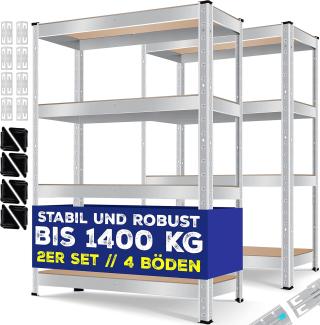 MASKO® 2er-Set Lagerregal Schwerlastregal, Kellerregal, 160 x 80 x 40 cm, bis 700 kg belastbar, 4 verstellbare Ablagen, MDF-Platten Regal aus Metall, Steckregal, Werkstattregal, Keller, Garage Silber