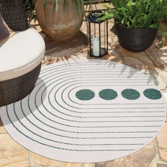 carpet city In- & Outdoor-Teppich Grün, Creme - Wendeteppich - 160 cm Rund - Kreis-Muster - Wetterbeständig für Balkon, Terrasse - Teppiche Modern Indoor Wohnzimmer, Küche