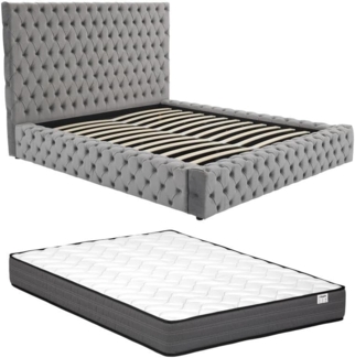 Vente-unique - Chesterfield-Bett mit Bettkasten + Matratze - 180 x 200 cm - Samt - Grau - DULENI