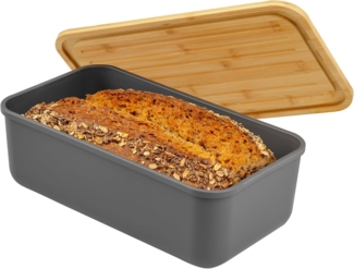 Brotkasten mit Bambus-Deckel, Brotbox mit Schneidebrett, Brotkorb grau