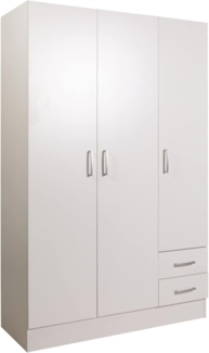 Kleiderschrank mit drei Türen und zwei Schubladen mit Einlegeböden und Kleiderstange, Farbe weiß, Maße 120 x 170 x 50 cm