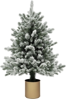 HOMCOM Künstlicher Weihnachtsbaum 100 cm, mit 130 Spitzen, Kunstschnee, Blumentöpfe, flammenhemmend, Künstlicher Baum, für Weihnachten Deko, grün+gold