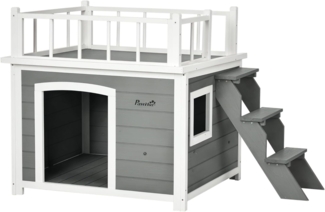 PawHut Hundehütte Hundehaus mit Balkon, Hellgrau 121 x 77 x 78 cm