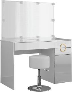 Vicco Schminktisch Adela Weiß Hochglanz, 115 x 76,4 cm mit Spiegel, LED, Hocker