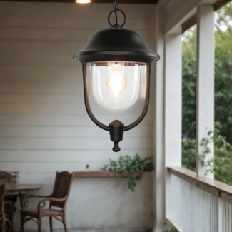 Licht-Erlebnisse Außen-Deckenleuchte BERLAAR, ohne Leuchtmittel, Pendelleuchte außen IP43 E27 Schwarz Aluguss Kunstglas regengeschützt