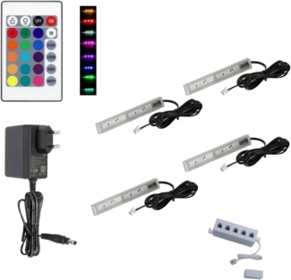 QLS LED Unterbauleuchte RGB 12V 2-8 Stück Schwarz, LED fest integriert, Glasbodenbeleuchtung Lichtleiste Fernbedienung 16 Farben Dimmbar