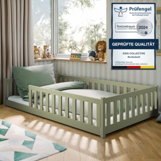 Kids Collective Kinderbett Bodenbett Bett mit Rausfallschutz & Lattenrost Montessori Bett Kinder (Jungen, Mädchen, Kinder, weitere Größen 80x160, 80x180, 90x190, 90x200, 140x200 cm), Jugendbett Einzelbett mit Matratze Olivgrün Kiefer 120x200 cm