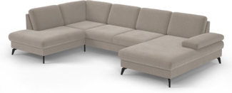 Cavadore Wohnlandschaft Moritz / Sofalandschaft mit Longchair im trendigen Design, Sitztiefenverstellung und mattschwarzen Metallfüßen / 212 x 82 x 335 / Flachgewebe, Beige