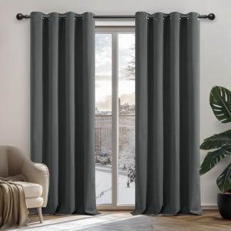 Deconovo Gardinen Blickdicht Ösen Vorhänge Wohnzimmer Schlafzimmer Vorhang Kälteschutz, 260x140 cm(HöhexBreite), Dunkelgrau, 2er Set