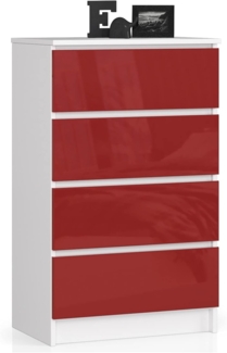 AKORD Kommode mit 4 Schubladen Beistellschrank Highboardmodernes Sideboard für Wohnzimmer Esszimmer Schlafzimmer Flur Badezimmer 60 x 99 x 40 cmWeiß / Rot Glänzend