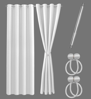 Cozyor Vorhang weiß 2er Set + 2 Raffhalter - Gardine mit Ösen wahlweise mit Stange (2 St), Ösen, blickdicht, 100% Polyester, Gardinen Thermo Vorhang 160x135 + Stange silber 111-200cm