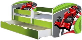 ACMA Kinderbett Jugendbett mit Einer Schublade und Matratze Grün mit Rausfallschutz Lattenrost II 140x70 160x80 180x80 (06 Formel 1, 140x70 + Bettkasten)