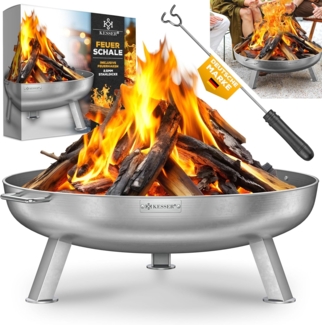 KESSER® Feuerschale mit 2,5 mm Stahldicke Feuerkorb aus Edelstahl / Stahl inklusive 42cm Feuerhaken aus Gusseisen, Wasserablauf & 2 stabile Griffe für Holz & Kohle Feuerstelle für Garten & Terrasse Ø 70 cm, Edelstahl