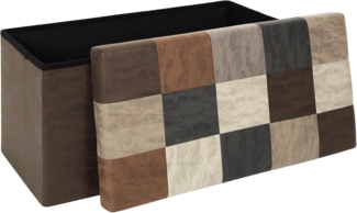 HOME DECO FACTORY, HD7666, Klappbanktruhe aus Pu-Patchwork, Indus Bistro, Möbel, Sitz, Klapptruhe und Bank, 76 x 38 x 38 cm, Sitzhöhe 38 cm, Braun
