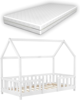 [en.casa] Hausbett weiß, 70x140 cm, mit Matratze und Rausfallschutz