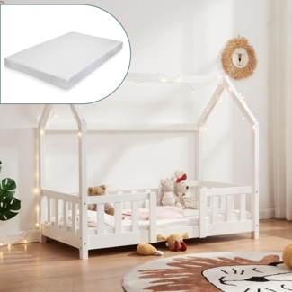 [en.casa] Hausbett weiß, 70x140 cm, mit Matratze und Rausfallschutz