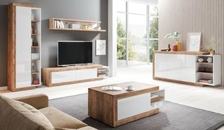 Wohnzimmer-Set Saragossa 5-teilig Anbauwand Grifflos weiß Hochglanz Samdal Eiche